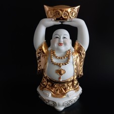 Laughing Buddha Statue Feng Shui Happiness Positivity White and Golden 19cm tall