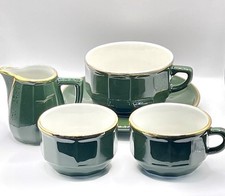 Apilco French / Porcelain / Bistro Green & Gold Coffee Set For 1 / Vintage / VGC