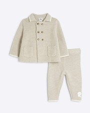 River Island Baby Cardigan & Leggings Set Beige Knitted Button 2 Pieces Outfit