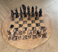 Vintage West African Tribal Art Soapstone Hand Carved Chess Set.read description