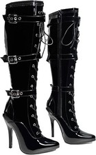 Women's High Heel Knee High Boots Lace Up Stiletto with 3 Buckles & Side Zip