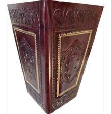 Vintage Florentine Embossed Leather Waste Basket Trash Made in Italy, Red & Gold