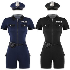 UK Women's Cop Policewoman Leotard Short Sleeve Jumpsuit with Belt Purse Hat Set