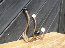 Antique Coat / Hat hooks . Brass with Ceramic Ball ends . Ornate Cloakroom hooks