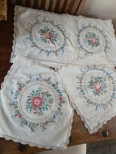 4 Embroidered Cushion Covers Cotton Lace Crochet Flowers Zip Vintage Style 