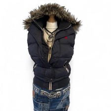 Y2K Vintage Navy puffer gilet vest faux fur removable hoodie Size s/M