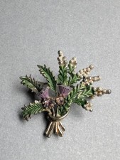 Vintage Scottish Thistle Brooch Pin Lucky White Heather Purple Rhinestone Enamel
