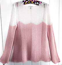 Knitted Lacy Jumper Open Stitch Pink White Long Slvs Scalloped Edge Nina Murati