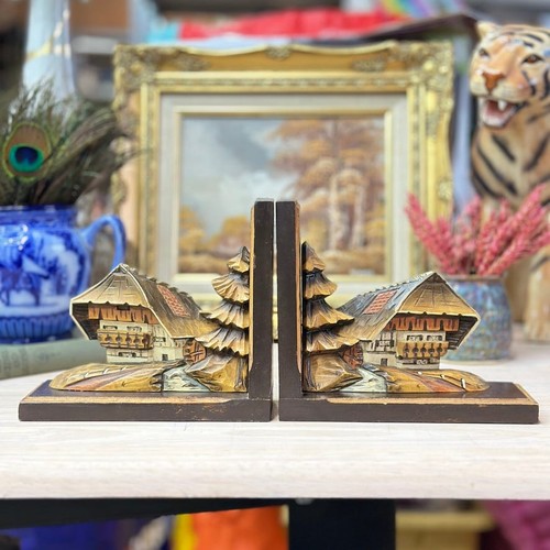Vintage swiss chalet bookends - vintage,