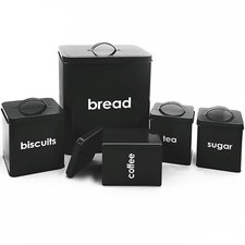 5PC METAL KITCHEN BREAD BIN STORAGE CANISTERS SET SUGAR COFFEE TEA ENAMEL COATED