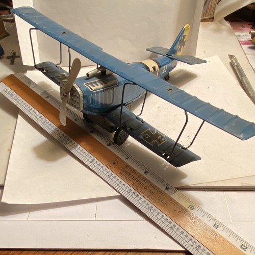 Vintage tin toy biplane blue - tin,