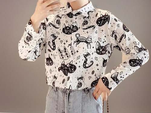 Black white cat print blouse - white,