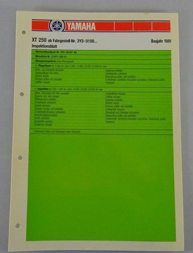 Inspection sheet yamaha 250 - sheet, xt