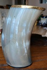 Vintage Horn Drinking Vessel Cup Mug  17cm Tall Gold Colourd Rim