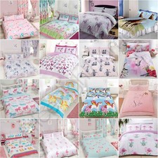 KIDS GIRLS DOUBLE DUVET COVER SET BEDDING - STARS UNICORNS PRINCESS BUTTERFLY