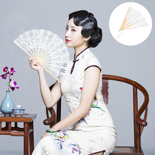 Foldable bamboo lace fan - bamboo,