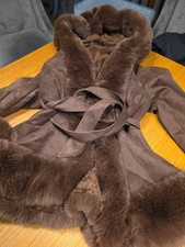 Cameo Rose Faux Suede Coat Uk14 Brown Faux Fur Trim Belt Hollywood Star