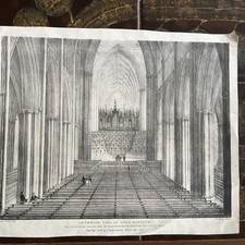 Original Antique Engraving Print Interior View Of York Minster 1823