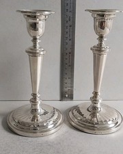 GOOD  PAIR VINTAGE SOLID SILVER CANDLESTICKS  .   631 gms. inc.       LON. 1966.