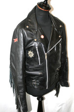 Vtg 70's Kett black Leather BSA lightning fringed easy rider biker jacket 42"