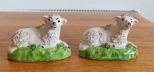 2 Vintage Antique Staffordshire Style Lambs Sheep Lying Down On Green Base