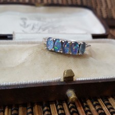 925 Sterling Silver Ring, Genuine Australian Opal Half Eternity,Size S.5 US 9.25