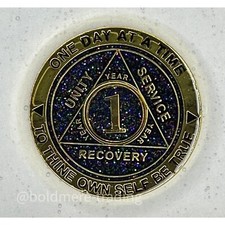 1 Year Alcoholics Anonymous Medallion Black Gold Plated AA Sobriety Chip Coin