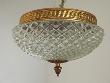 French Vintage Brass Semi-Flush Ceiling Light with Crystal Cut Glass Shade 5649