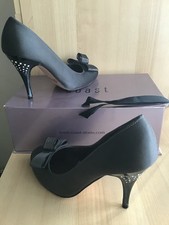 LOVELY LADIES BOXED COAST SLATE GREY SATIN LEATHER DIAMONTE HEELS COURT SHOES 5