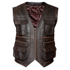 Mens Hunter Biker Waistcoat Vintage Motorcycle Style 100% Real Brown Leather
