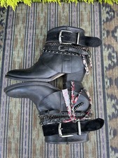 Elena Iachi Black Leather Jagger Cowboy Ankle Boots Straps Studs Chains Boho UK5