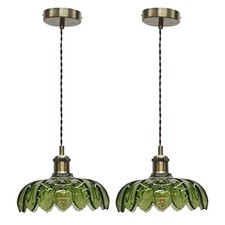 Set of 2 Vintage Floral Design Green Glass Antique Brass Ceiling Pendant Lights