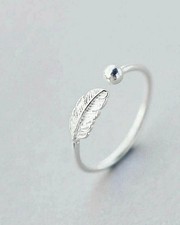 Pure 925 Sterling Silver Feather Ring Open Band Adjustable Jewelry Silver Women.