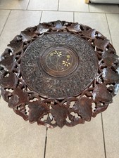 Vintage Hand Carved Leaf Floral Indian Wooden Foldable Side Table