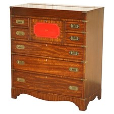 FINE VINTAGE MAHOGANY BRASS & OXBLOOD LEATHER MILITARY CAMPAIGN CHEST OF DRAWERS