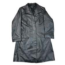 Vintage Leather Coat Jacket Matrix Button Down Long Black Womens UK14