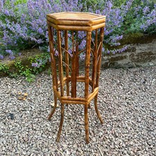 Vintage Art Nouveau Rattan Tiger/ Burnt Bamboo Hexagonal Plant Stand Table