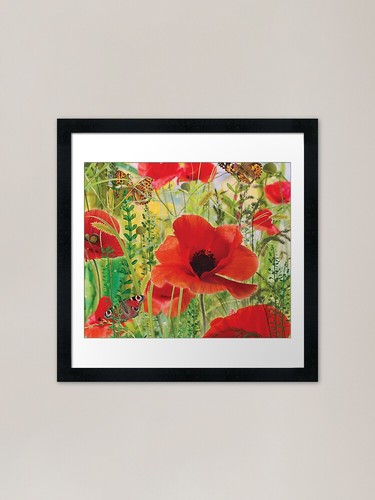 Red poppy meadow framed - meadow, art