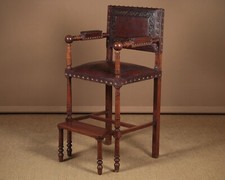 Antique High Walnut & Leather Armchair with Folding Step c.1900