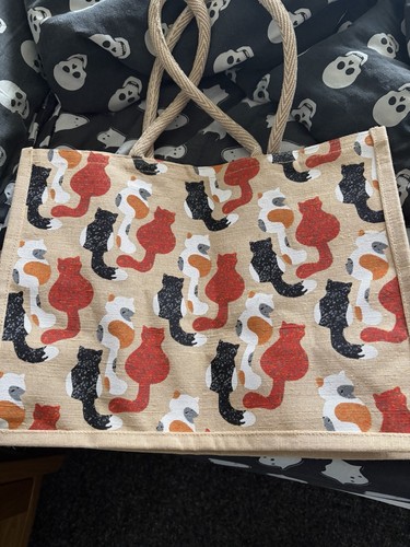 Cat print jute tote canvas - cat,