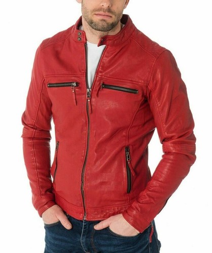 Men red leather jacket - jacket, biker