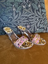 Y2K Franco Roma Clear Perspex Kitten Heel Mule Leopard Print Pink Lace EU37