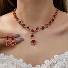 18K Gold Plated Sparkling Red Crystal Necklace & Earrings Jewellery Set LAST SET