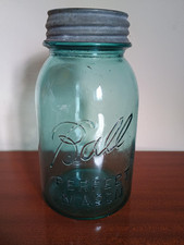 Large 2 Pint Ball Perfect Mason Jar Zinc Lid Quart Blue Glass Vintage Antique x1