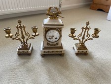 French white marble and spelter mantel clock with candlesticks