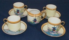 EARLY JAPANESE HANDPAINTED KLIMAX FINE PORCELAIN 4 CUPS & SAUCERS WITH CREAMER
