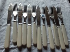 Vintage Set Fish Cutlery White Faux Bone Composite Handles Ornate Fish Eaters