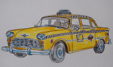Original A4 Watercolour Painting Classic American Car Yellow taxi cab