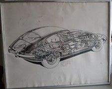 Vintage Vic Berris Cutout Drawing 1960 Jaguar  E Type Coupe Print Rare Mancave 