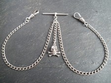 SMALL Vintage Solid Silver Double Albert Pocket Watch Chain + Skull & Crossbones